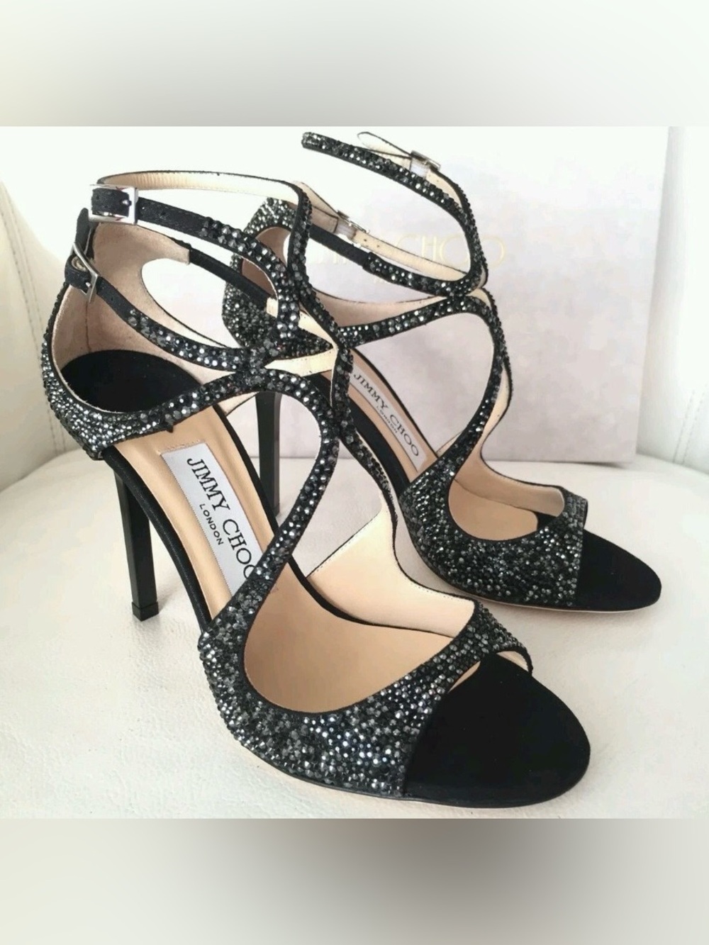 $2.8K JIMMY CHOO BLACK LEATHER LANG SANDALS WITH CRYSTALS ALL OVER SIZE 35.5 NEW